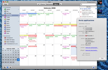 iCal con il pannello di modifica dell’evento