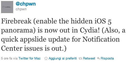 Tweet di Chpwn che annuncia la pubblicazione di "FIREBREAK" su Cydia