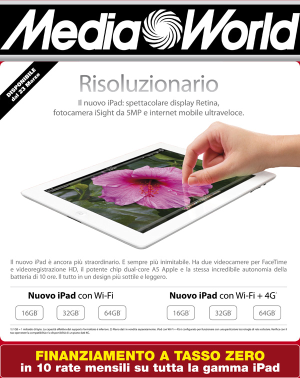 Nuovo iPad, da MediaWorld in 10 rate a TAN 0 e TAEG 0