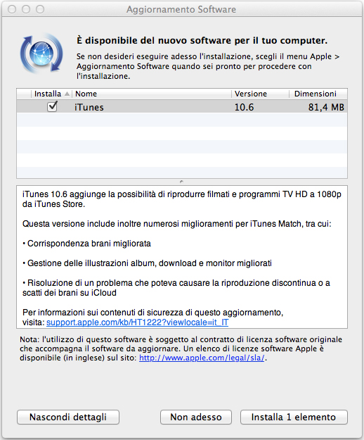 iTunes 10.6 disponibile tramite Aggiornamento Software