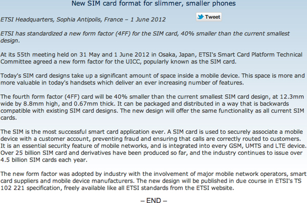 Approvato lo standard Nano-SIM dall'ETSI - TheAppleLounge.com