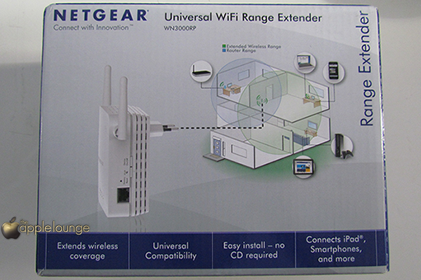 NETGEAR WN3000RP Universal WiFi Range Extender, immagine frontale scatola - TheAppleLounge.com