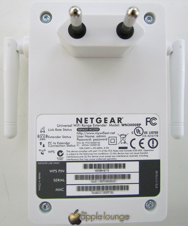 NETGEAR WN3000RP Universal WiFi Range Extender, particolare della parte posteriore con spina orizzontale - TheAppleLounge.com