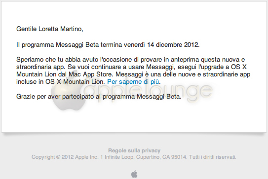 Messaggi Beta termina il 14 dicembre 2012 - TheAppleLounge.com