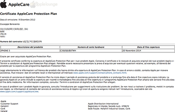 AppleCare Protection Plan, e-mail Certificato AppleCare Protection Plan per iPhone - TheAppleLounge.com