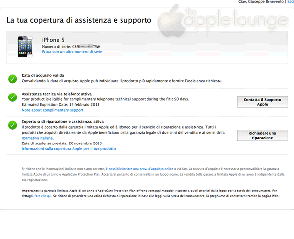 AppleCare Protection Plan, schermata della garanzia di un iPhone 5 prima e dopo l'attivazione dell'APP - TheAppleLounge.com
