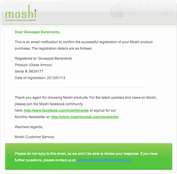 moshi iGlaze armour for iPhone silver, e-mail di registrazione del prodotto - TheAppleLounge.com