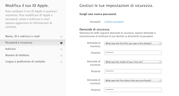 Impostazioni sicurezza password