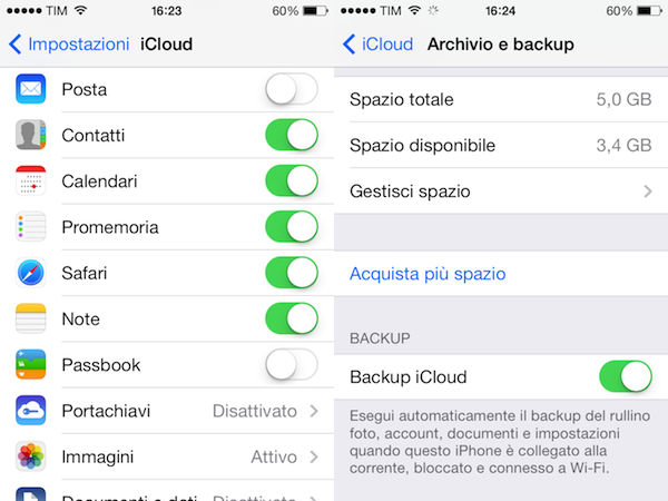 iOS7 iCloud backup e servizi