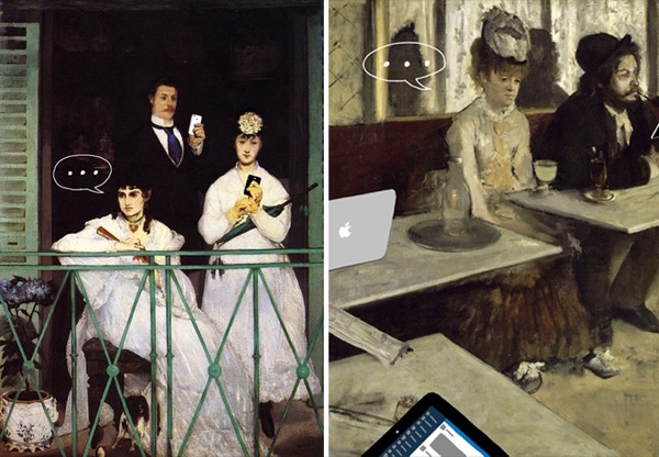 "Il balcone" di Manet e "L'assenzio" di Degas diventano due pubblicità progresso contro l'alienazione da smartphone, detta anche smartphonite. Detta anche alienazione da batteria scarica.