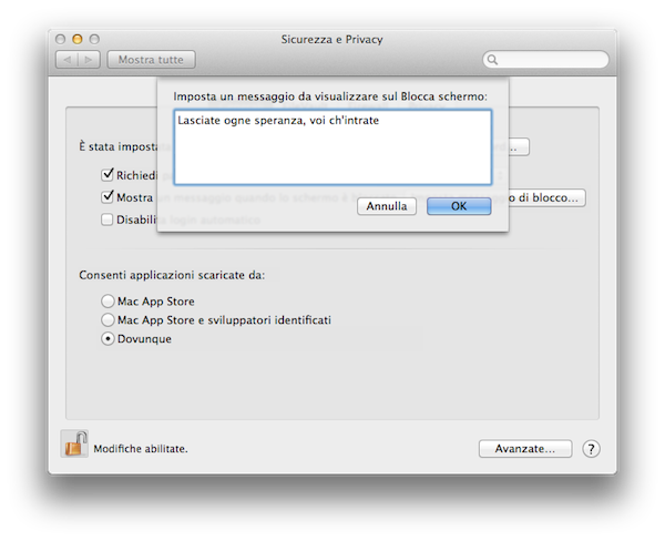 messaggio testo schermo blocco mac