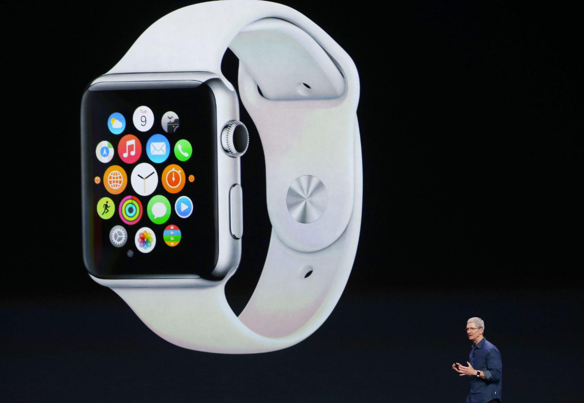 CUPERTINO, CA - SEPTEMBER 09:  Apple CEO Tim Cook announces the Apple Watch during an Apple special event at the Flint Center for the Performing Arts on September 9, 2014 in Cupertino, California. Apple unveiled the Apple Watch wearable tech and two new iPhones, the iPhone 6 and iPhone 6 Plus.  (Photo by Justin Sullivan/Getty Images)